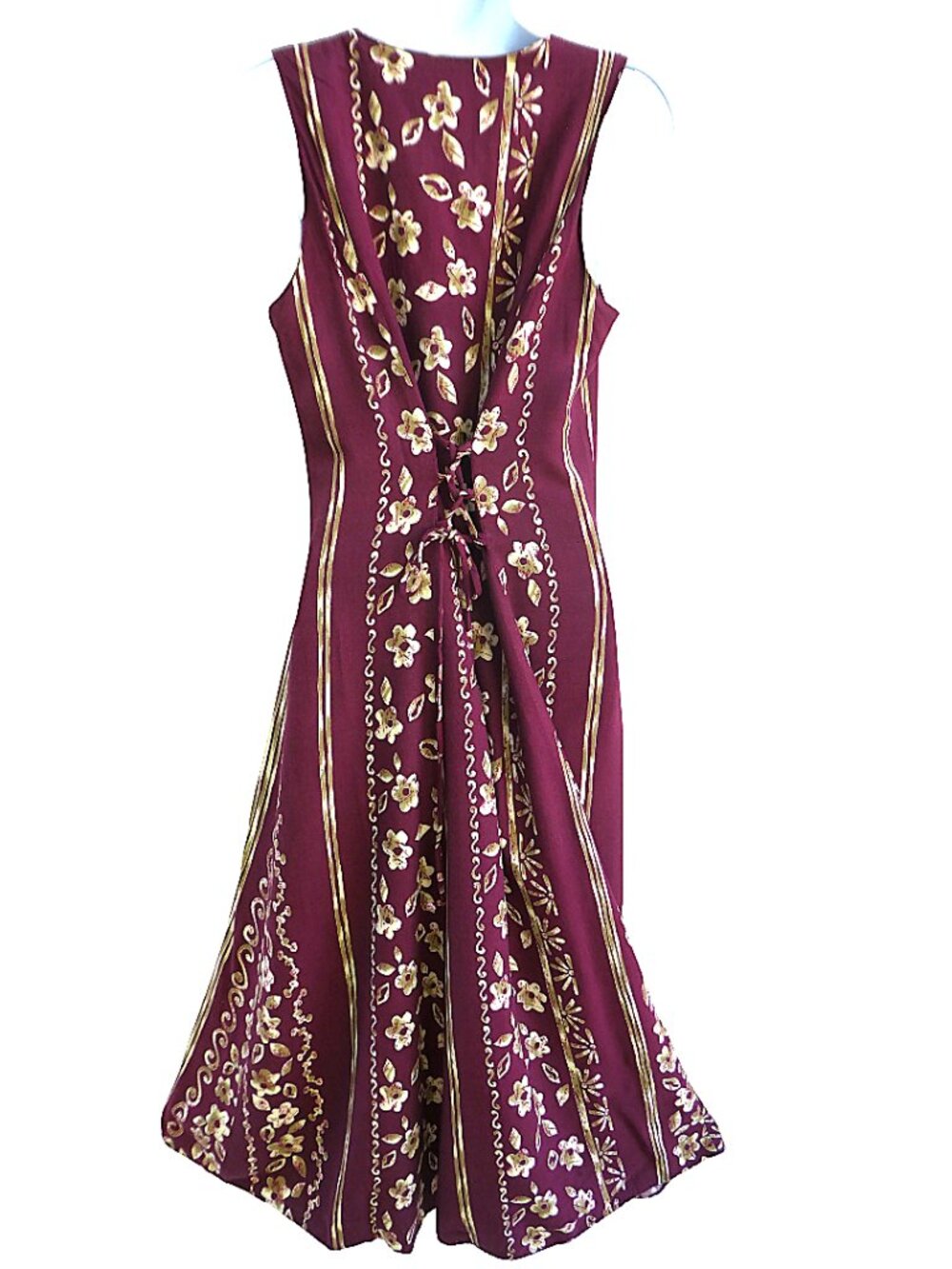 Vintage USA 70s Burgundy Hawaiian Floral Midi Tank Dress Full Button Front Tie - Picture 3 of 8